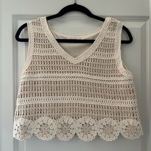 New! PINK LILY On My Own Beige And Ivory Crochet Hem Tank Size Small